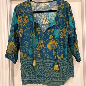 Natural Life Boho Floral Print Top in Blue and Green